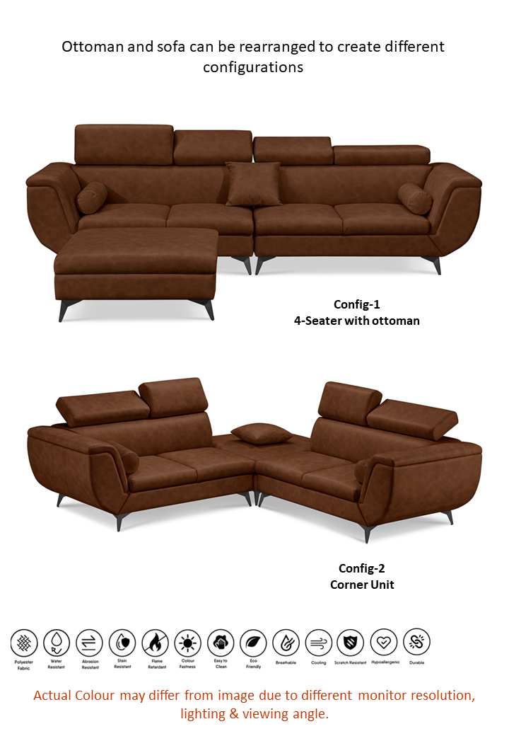 Alcina 4-Seater Leatheraire Fabric Sofa with Ottoman - Image 2
